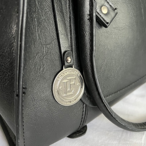 London Fog Black Faux Leather Satchel Handbag with Silver Hardware - Picture 10 of 15